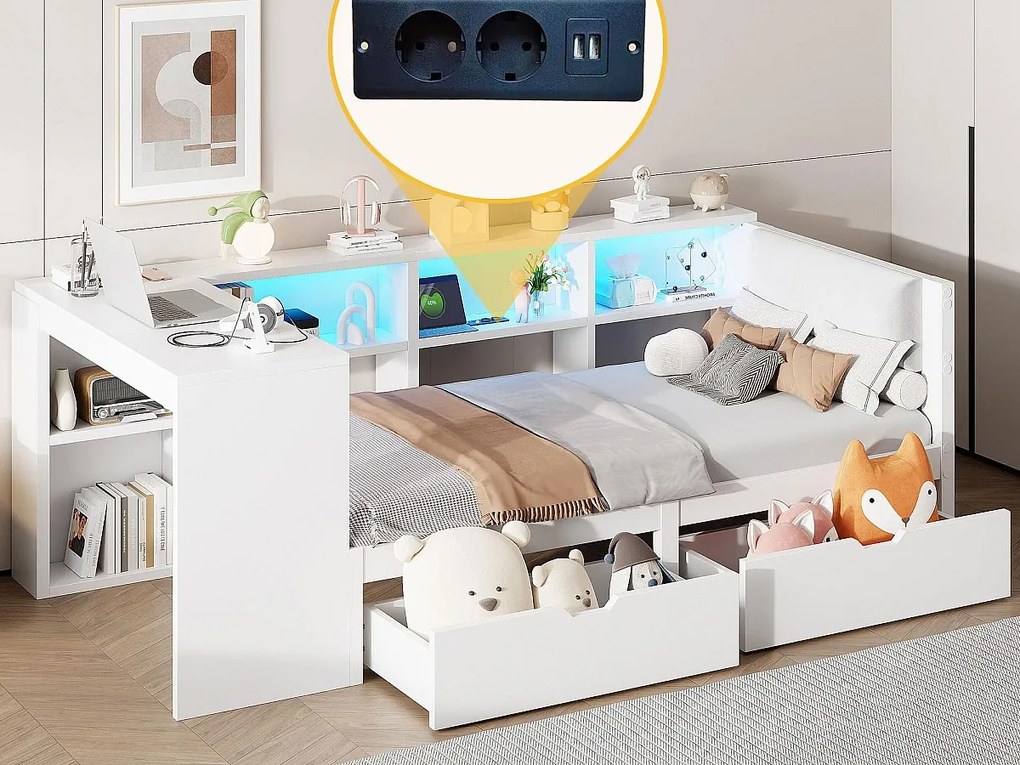 Łóżko dziecięce 90x200cm - z 2 szufladami i stacją ładowania - z kolorowymi światłami LED - białe (bez materaca)