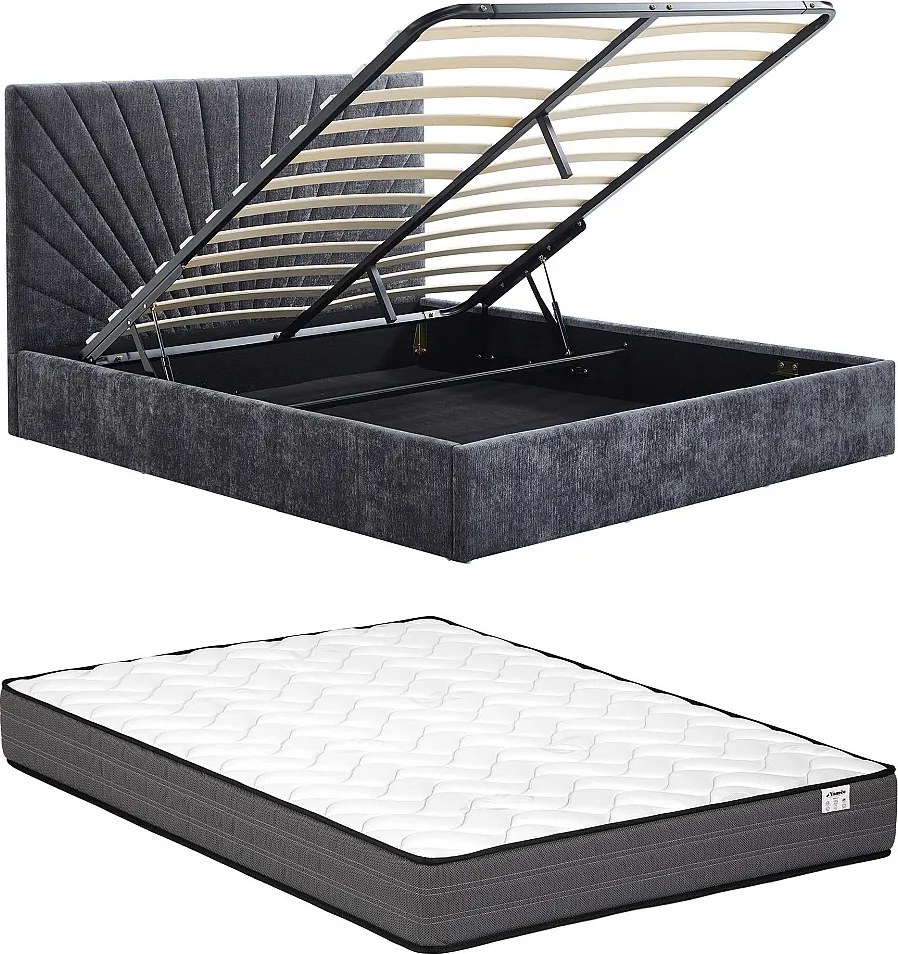 Łóżko ze skrzynią  140 x 190 cm - Tkanina teksturowana – Szary antracyt + Materac - RIBIOLA