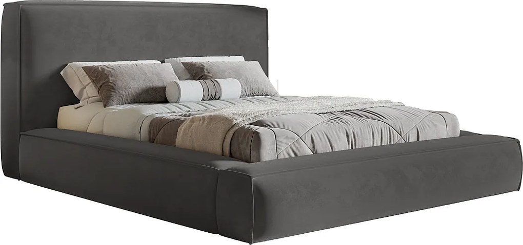 Łóżko tapicerowane 160x200 Karano z lamówką - pojemnik i stelaż drewniany - welur, ciemny szary (Amor Velvet 4321)