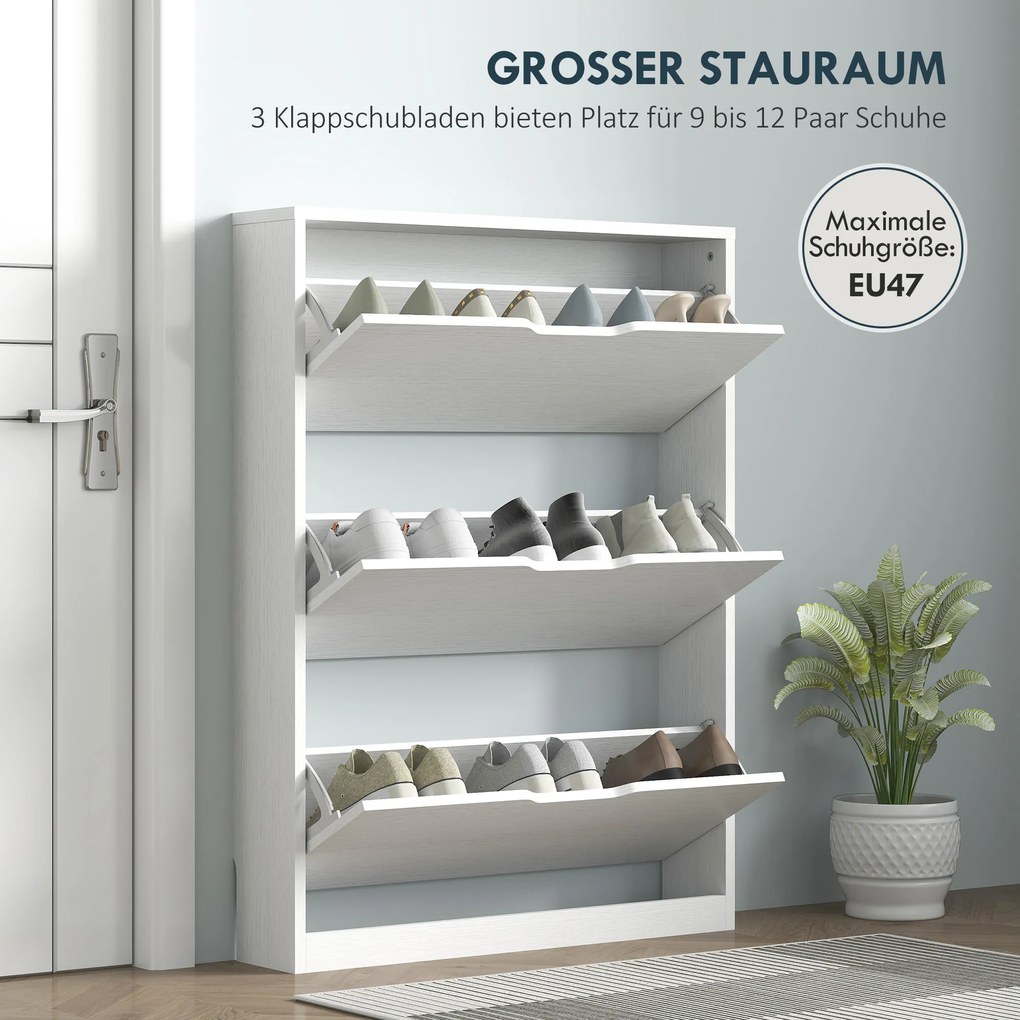 HOMCOM Szafka na buty z 3 składanymi szufladami, na do 12 par butów, Płyta wiórowa, 80 x 17 x 108 cm, Biały