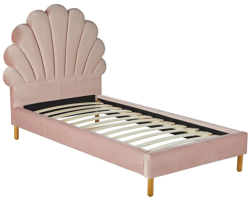 Łóżko w kształcie muszli 90 × 190 cm – welur – kolor różowy, materac w zestawie - MOANA