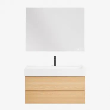 Zestaw Wiszących Mebli Łazienkowych Z Drewna I Forniru Jesionowego Zintegrowany Z Umywalką Ona Naturalna & Prostokątny Led - Sklum
