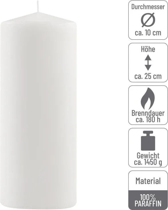 Zestaw słupkowych świec, 25 cm, Ø 10 cm, biały, 4 sztuki.