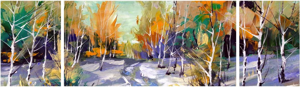 Obraz - Zaśnieżona ścieżka przez las, obraz olejny (170x50 cm)