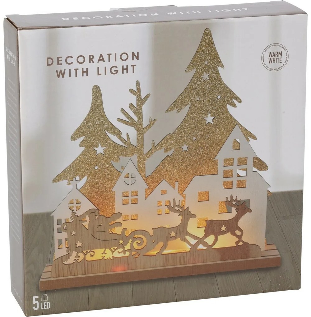 Świąteczna lampka stołowa LED Domki i Święty Mikołaj na sankach, MDF, 19,5 x 4,5 x 19,5 cm