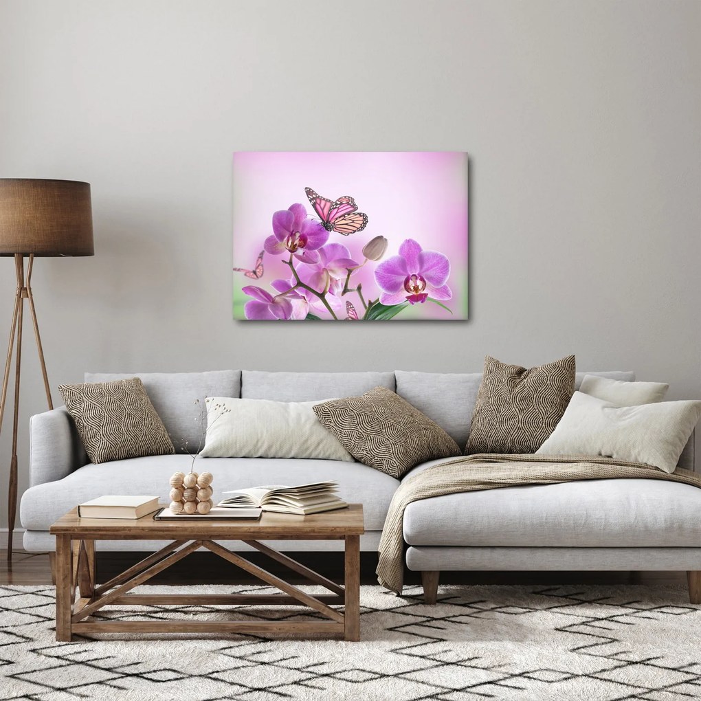 Obraz - Motyl na kwiatach orchidei, liliowy (70x50 cm)