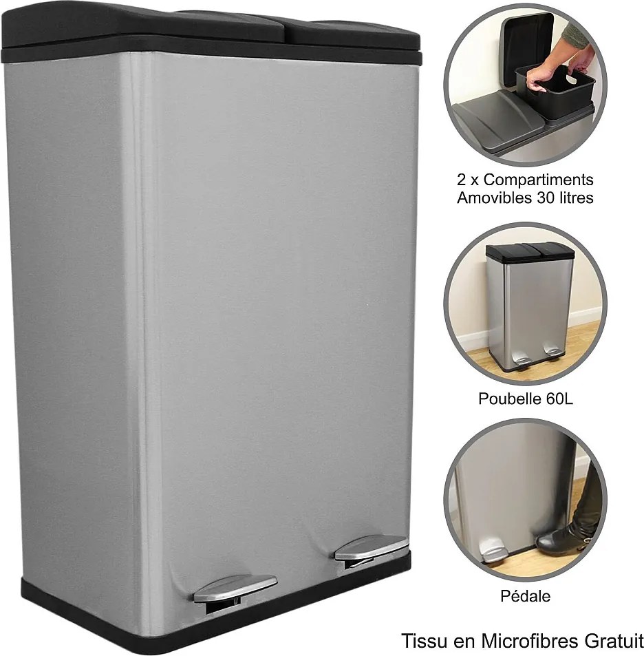 Kosz na śmieci 60L z podwójnym pedałem ze stali nierdzewnej