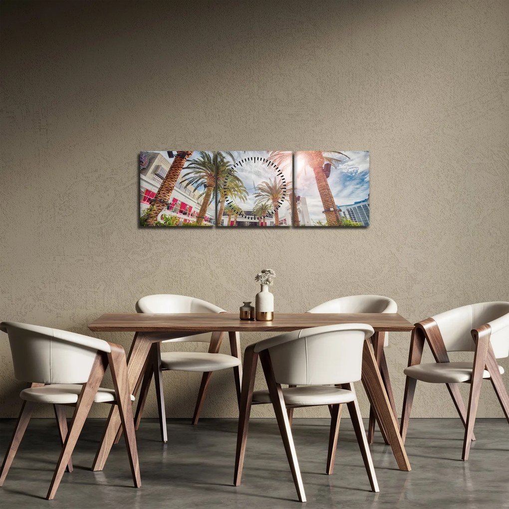 Obraz - palmy z basenem (z zegarem) (90x30 cm)