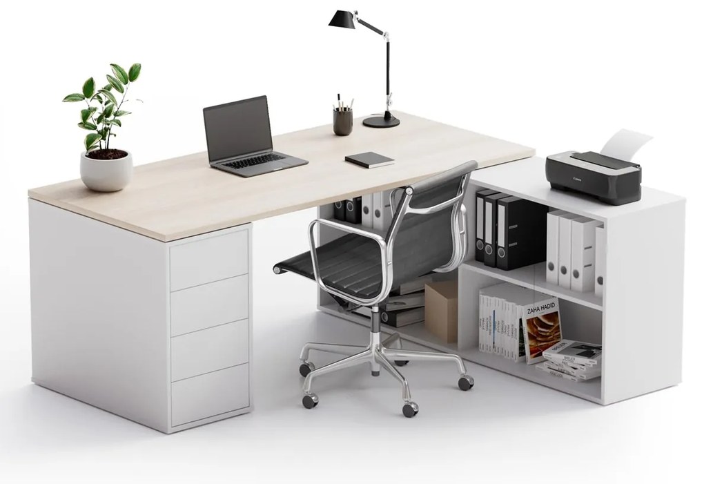 Biurko z przestrzenią do przechowywania BLOCK B04, biały/dąb naturalny