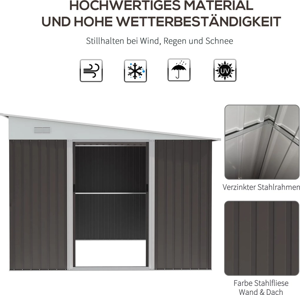 Outsunny Metalowa szopa ogrodowa z pochyłym dachem Przesuwne drzwi Zabezpieczenie narzędzi Szary 28x345x201cm | Aosom PL