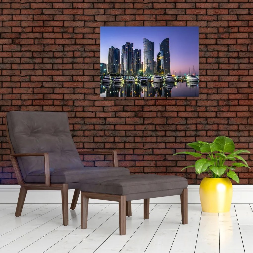 Obraz na szkle - jachty i drapacze chmur (70x50 cm)