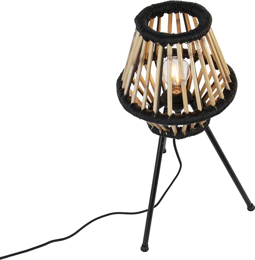 Rustykalna lampa stołowa na trójnogu z bambusa z czarnym wykończeniem - Evalin