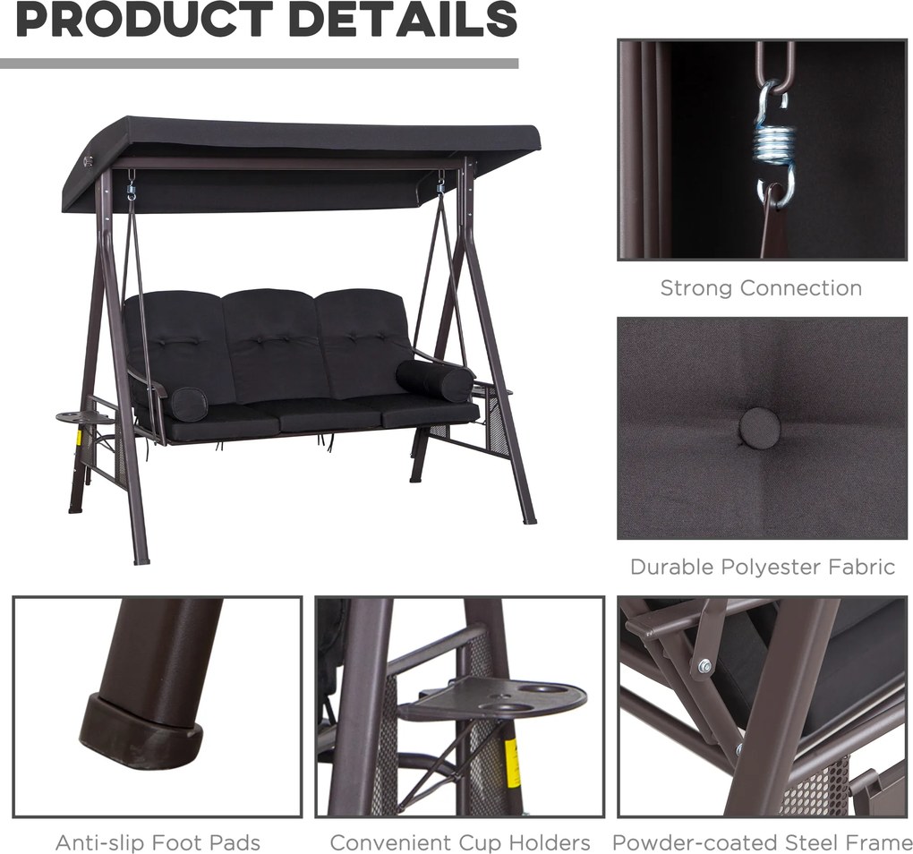 Outsunny 3-osobowa huśtawka z dachem huśtawka ogrodowa z dachem przeciwsłonecznym poduszka metal poliester czarna, 116 x 206 x 183 cm