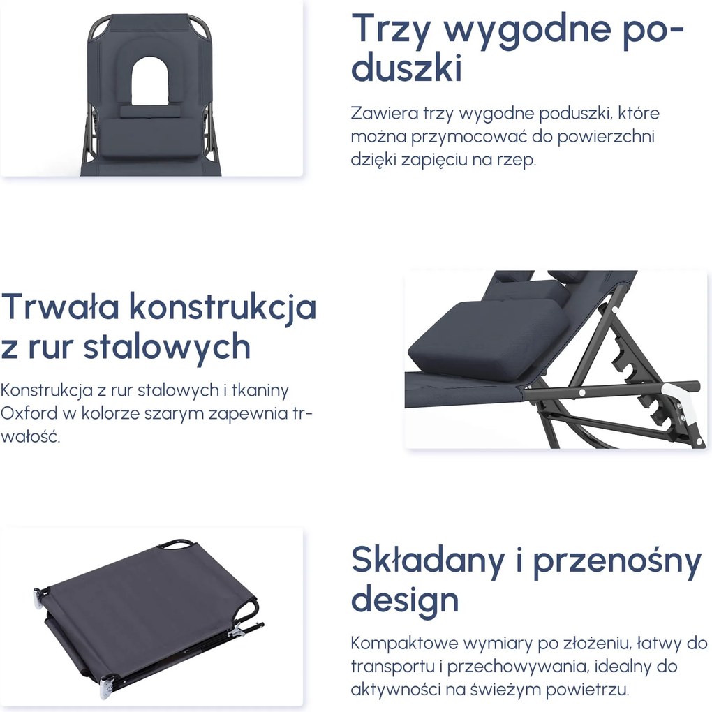 Outsunny Leżak do Opalania z Okienkiem do Czytania Otwór na Twarz Funkcjonalny Szary | Aosom PL