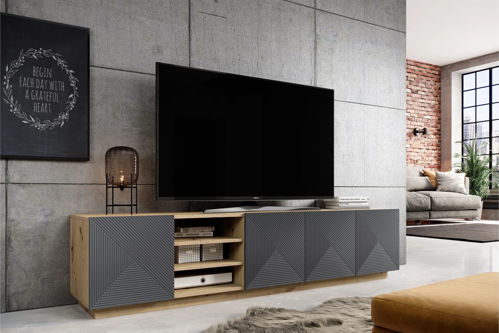 Szafka RTV Asha 200 cm z ryflowanym frontem i wnęką - artisan / rivier stone mat