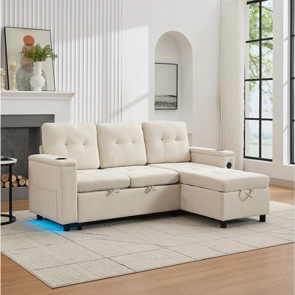 Sofa 3-osobowa rozkładana - 208 x 146 x 89,5 cm - ze zintegrowaną przestrzenią do przechowywania + diody LED - Materiał - beż