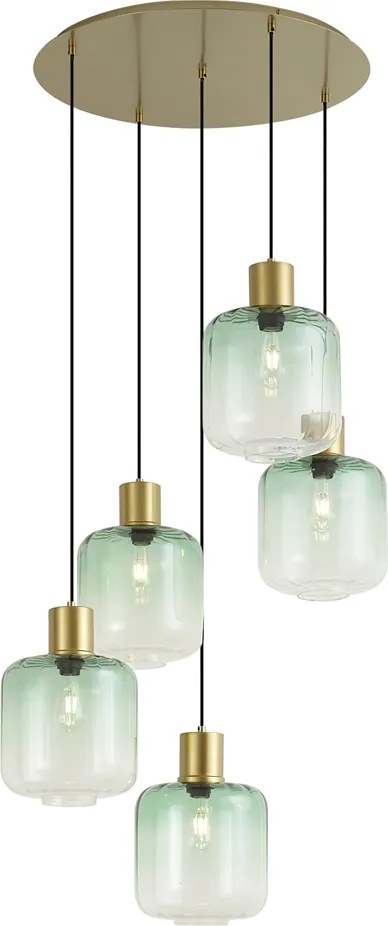 Lampa wisząca w stylu Hotel Chic, mosiądz z niebiesko-zielonym szkłem, 5-punktowa - Qara