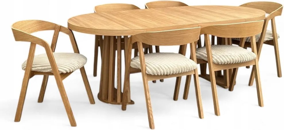 Stół okrągły LAMEL fornir 100/200 cm + krzesła 6 szt dębowe sztaplowane