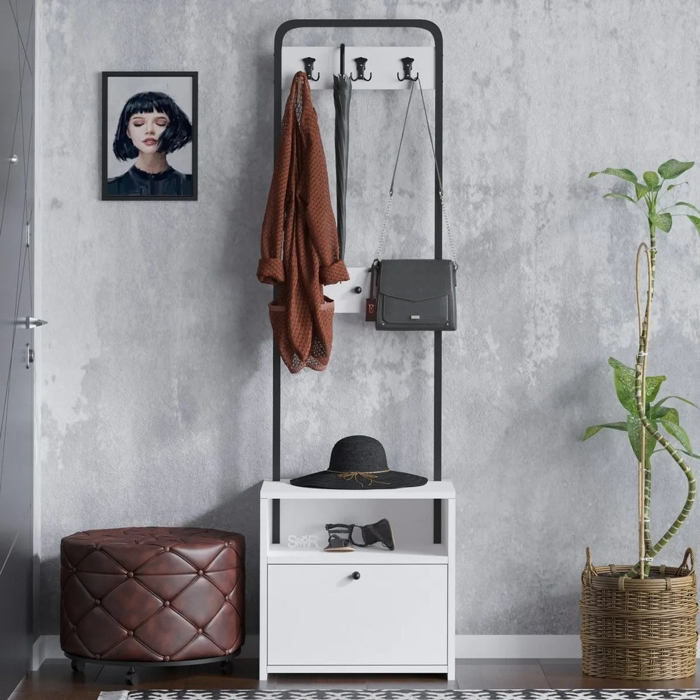 Wieszak z szafką na buty Quinn White and Black