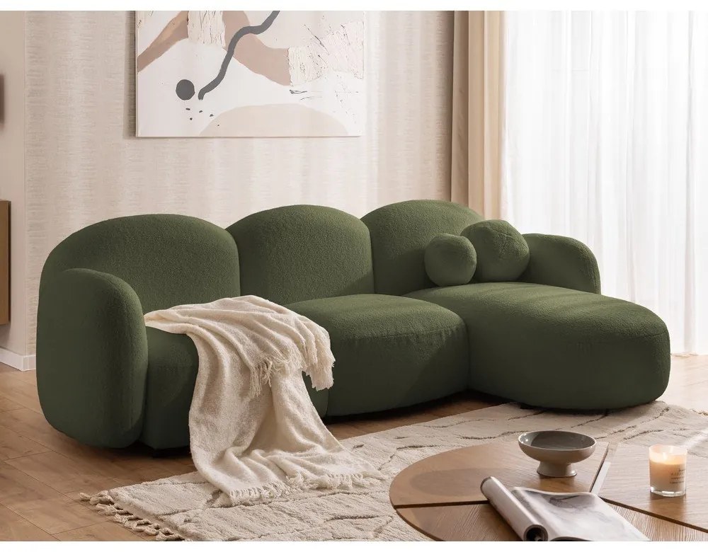 Zielony narożnik z materiału bouclé (prawostronny/z szezlongiem) Orbit – Ropez