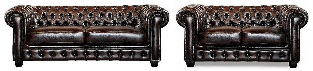 Komplet wypoczynkowy typu chesterfield 3+2 BRENTON 100% skóry bawolej - Kolor: brązowy z kasztanowymi refleksami