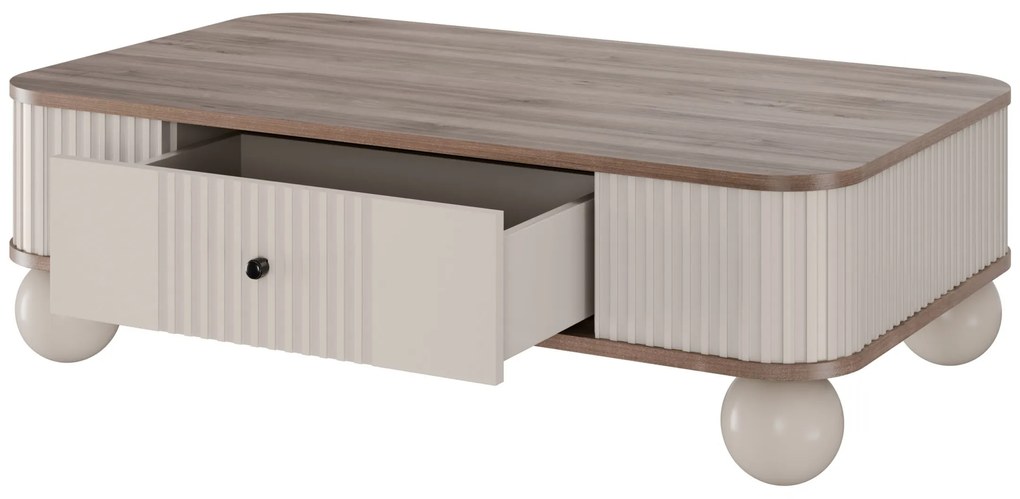 Stolik kawowy z szufladą Vesper 103x60 cm - kaszmir / orzech / czarne uchwyty / nogi kule