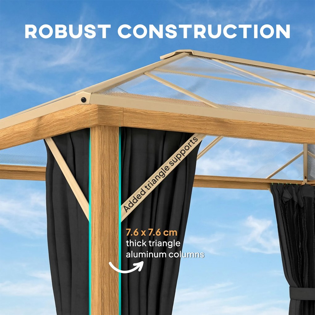 Outsunny Pawilon ogrodowy 4x3m aluminiowy z dachem z poliwęglanu 6 mm, moskitiera, 4 zasłony, imitacja drewna, naturalne drewno | Aosom PL