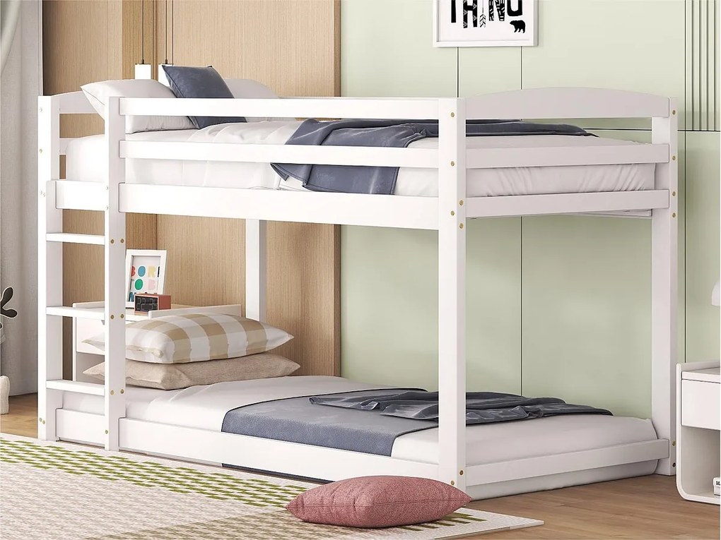 Łóżko piętrowe z sosny z barierkami przeciwupadkowymi + drabinka - 90x200cm - Białe