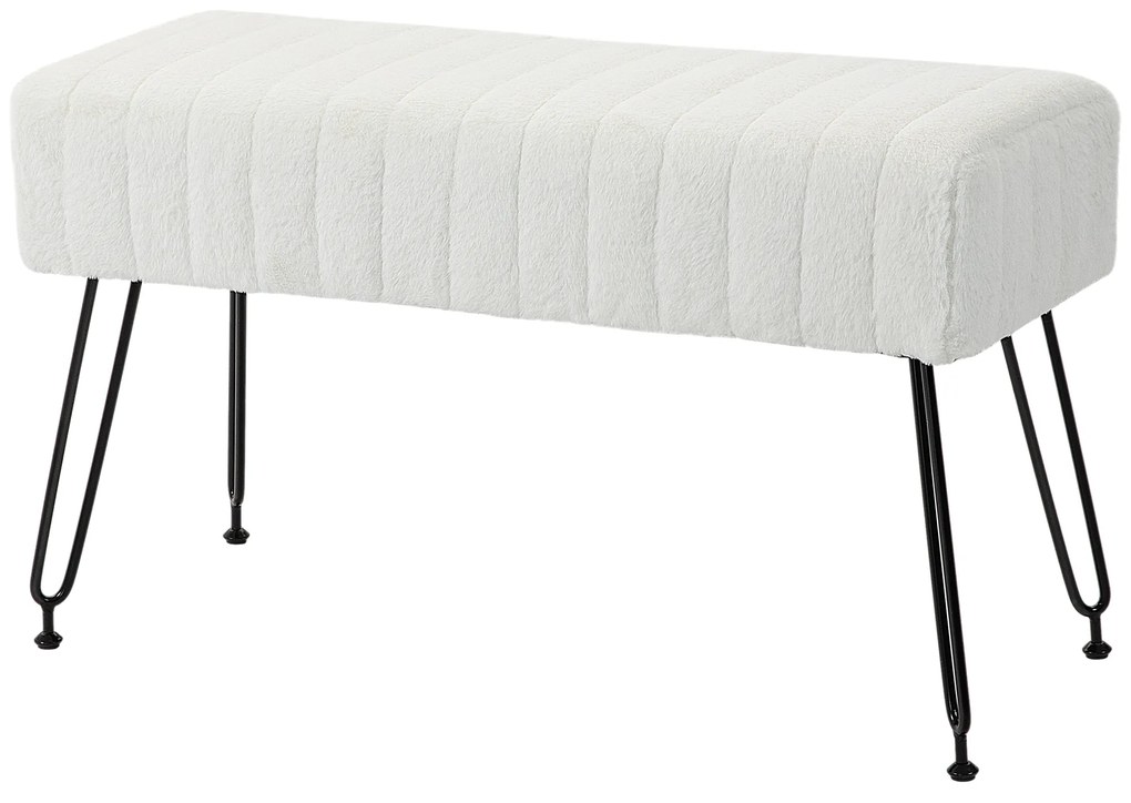 HOMCOM Ławka tapicerowana w pikowanie, pokryta sztucznym futrem, nogi z metalu, do 120 kg, 82x30x47 cm, Kremowy biały/Czarny