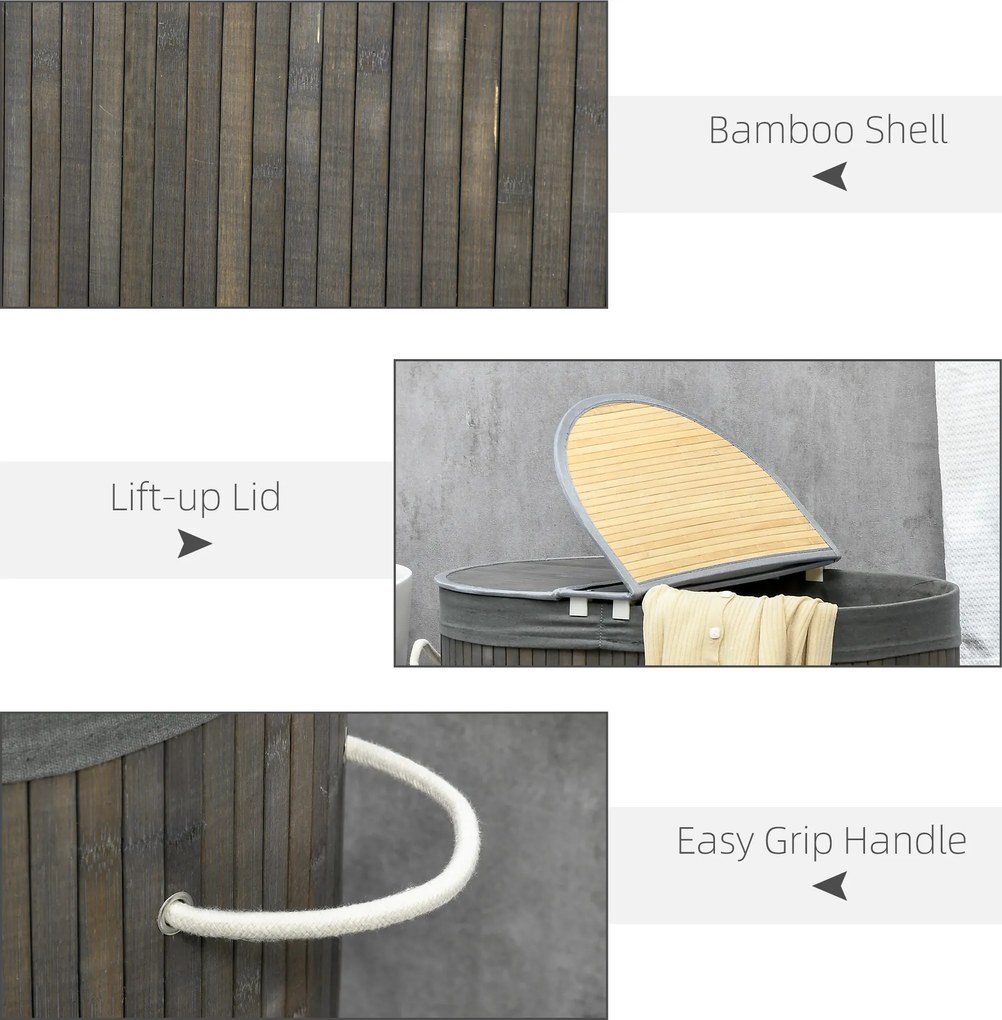 HOMCOM Kosz na bieliznę 100 L z pokrywą, uchwytem, 2 sekcje, wyjmowany worek na pranie, do sypialni, łazienki, wykonany z bambusa, szary