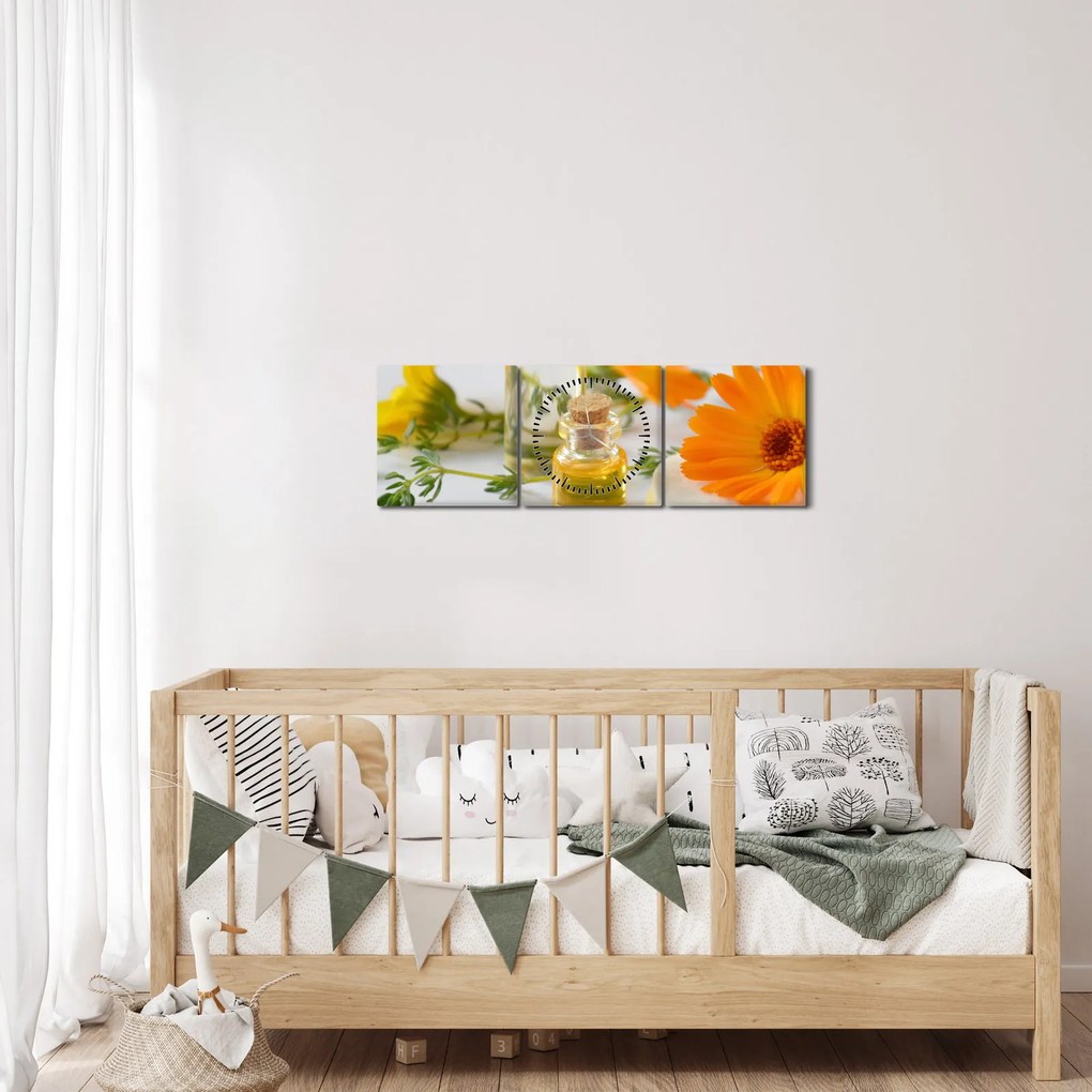 Obraz pomarańczowych kwiatów (z zegarem) (90x30 cm)