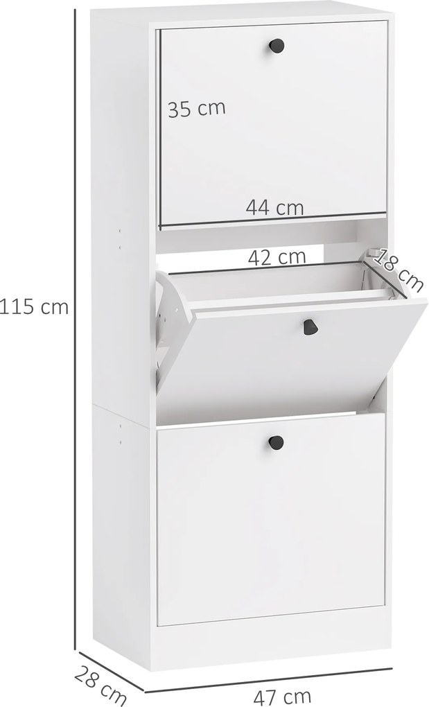 Szafka na Buty HOMCOM, Regał, 3 Klapki, Regulowana, Płyta Pilśniowa, Biały