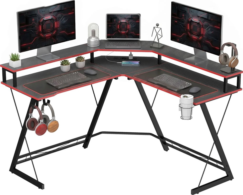 HOMCOM Biurko komputerowe w kształcie L z gniazdkami, narożne biurko 128 cm z podstawką na monitor, haczykiem na słuchawki & uchwytem na napoje | Aosom PL