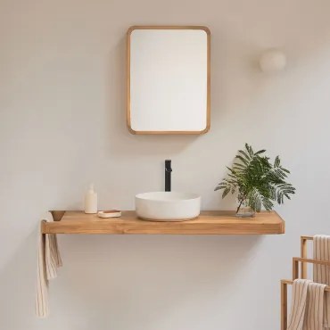 Zestaw Mebli Łazienkowych 130x45 Cm Wiszący Z Drewna Tekowego Neill Drewno Tekowe & Okrągły Ceramiczny Biały - Sklum