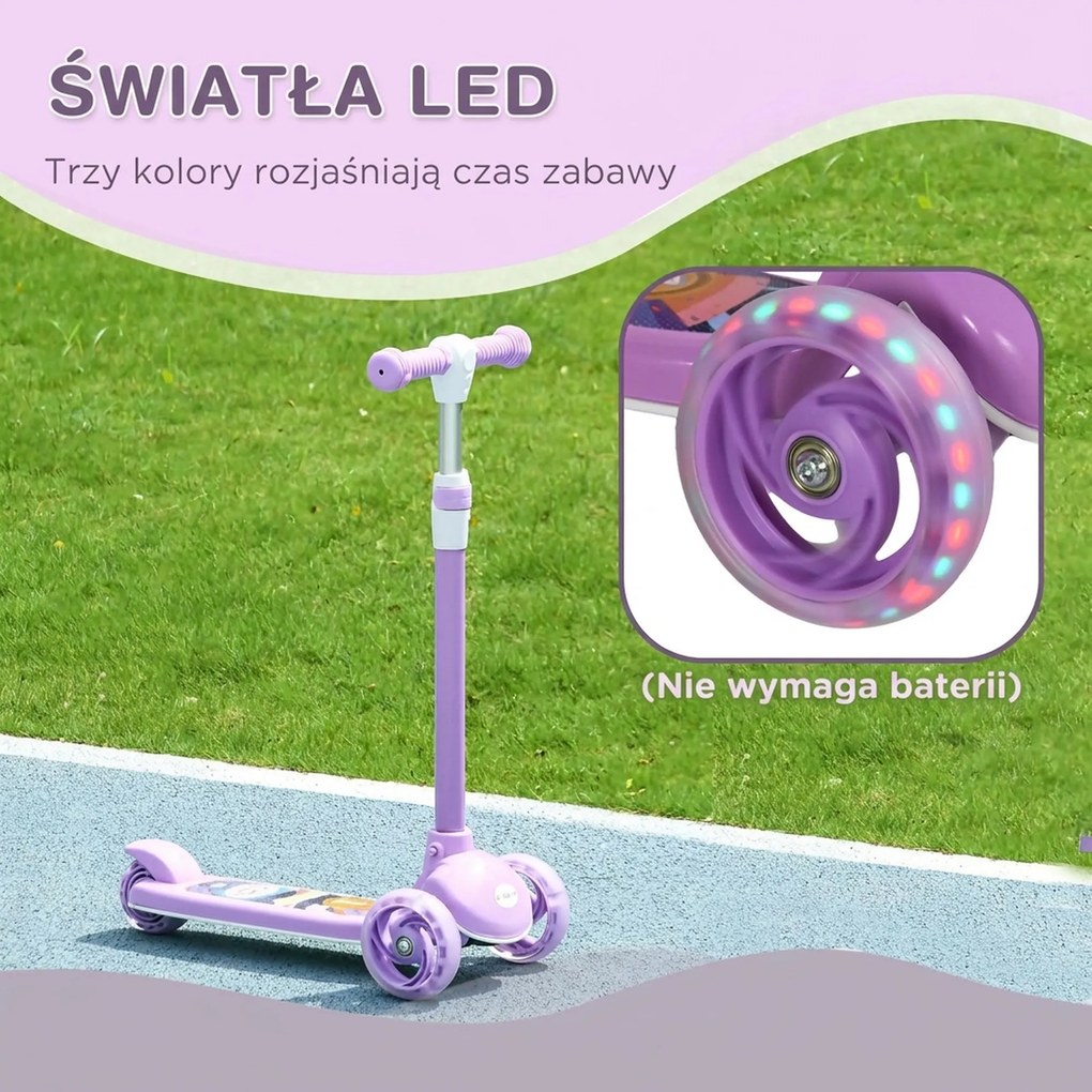 AIYAPLAY hulajnoga dziecięca, koła LED, płynna jazda, regulowana wysokość, tworzywo sztuczne, stal, fioletowy