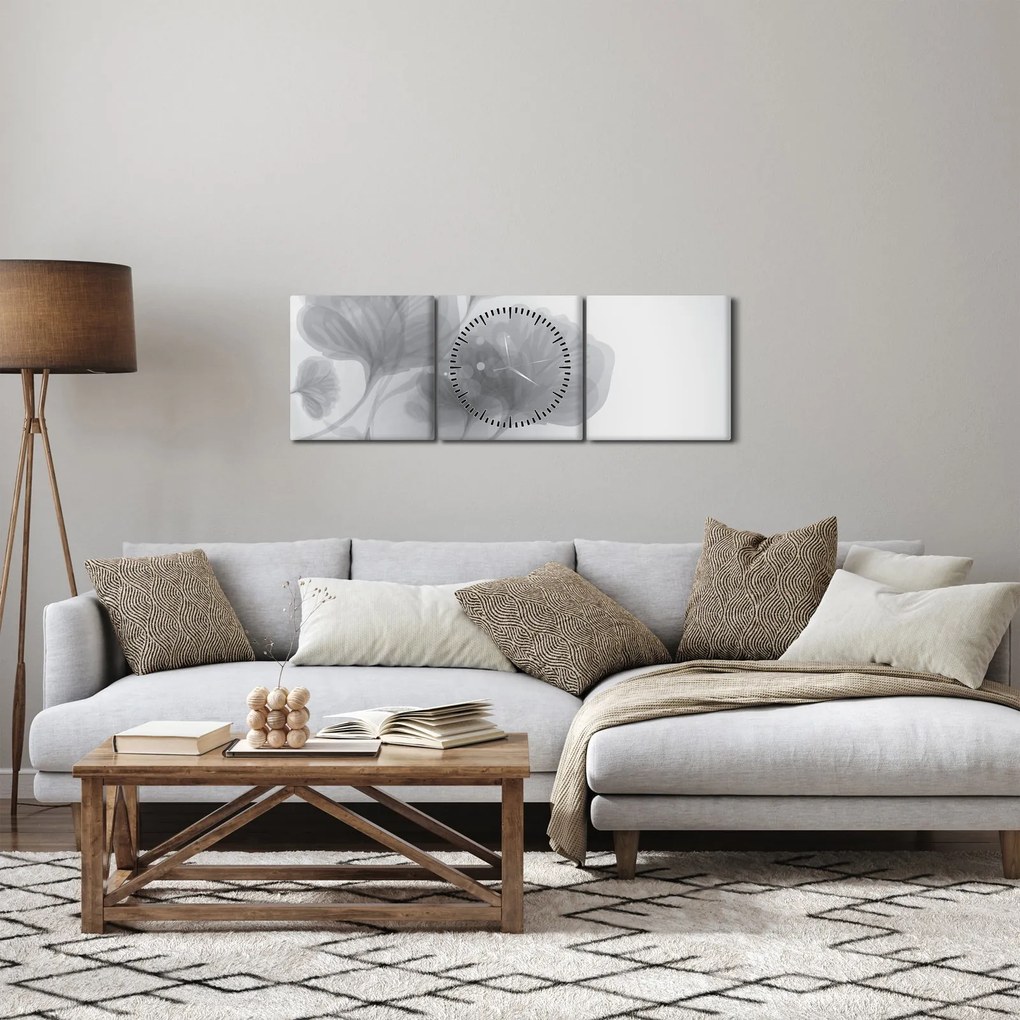 Obraz kwiatów w odcieniach szarości (z zegarem) (90x30 cm)