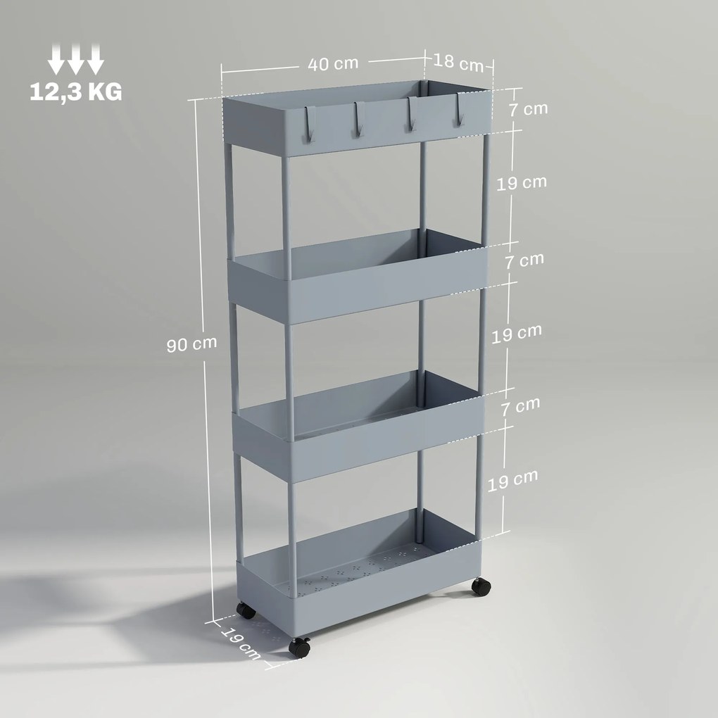 Wózek kuchenny HOMCOM z 4 półkami, 4 elastycznymi hakami, na kółkach, 40 x 19 x 90 cm, wózek do wnęki, szary