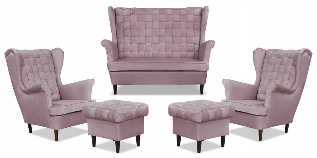 Zestaw wypoczynkowy Carol sofa fotele pufy paski Family Meble różowy