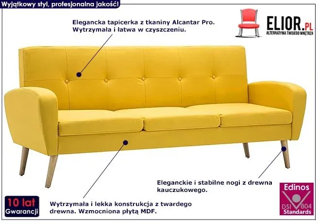 Trzyosobowa sofa pikowana żółta - Anita 3Q