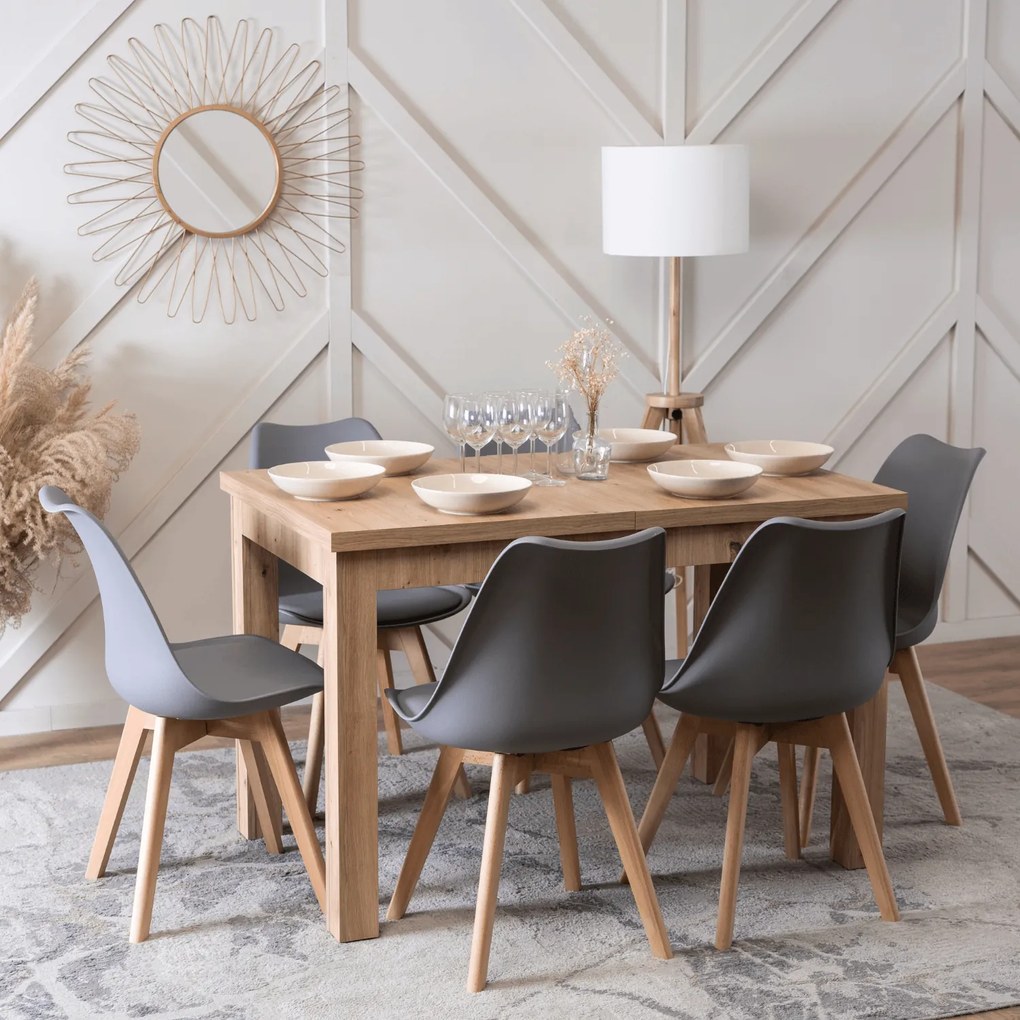 Zestaw Stół Prostokątny SKUBI Rozkładany 120-160 cm Dąb Artisan i 6 Krzeseł SCANDI Szare/Dąb