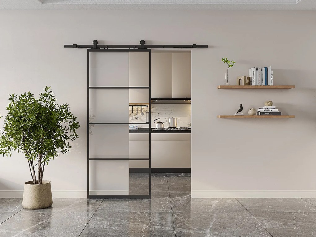 Drzwi przesuwne naścienne - aluminium i przezroczyste szkło hartowane - wys. 205 x szer. 73 cm - SINCA II