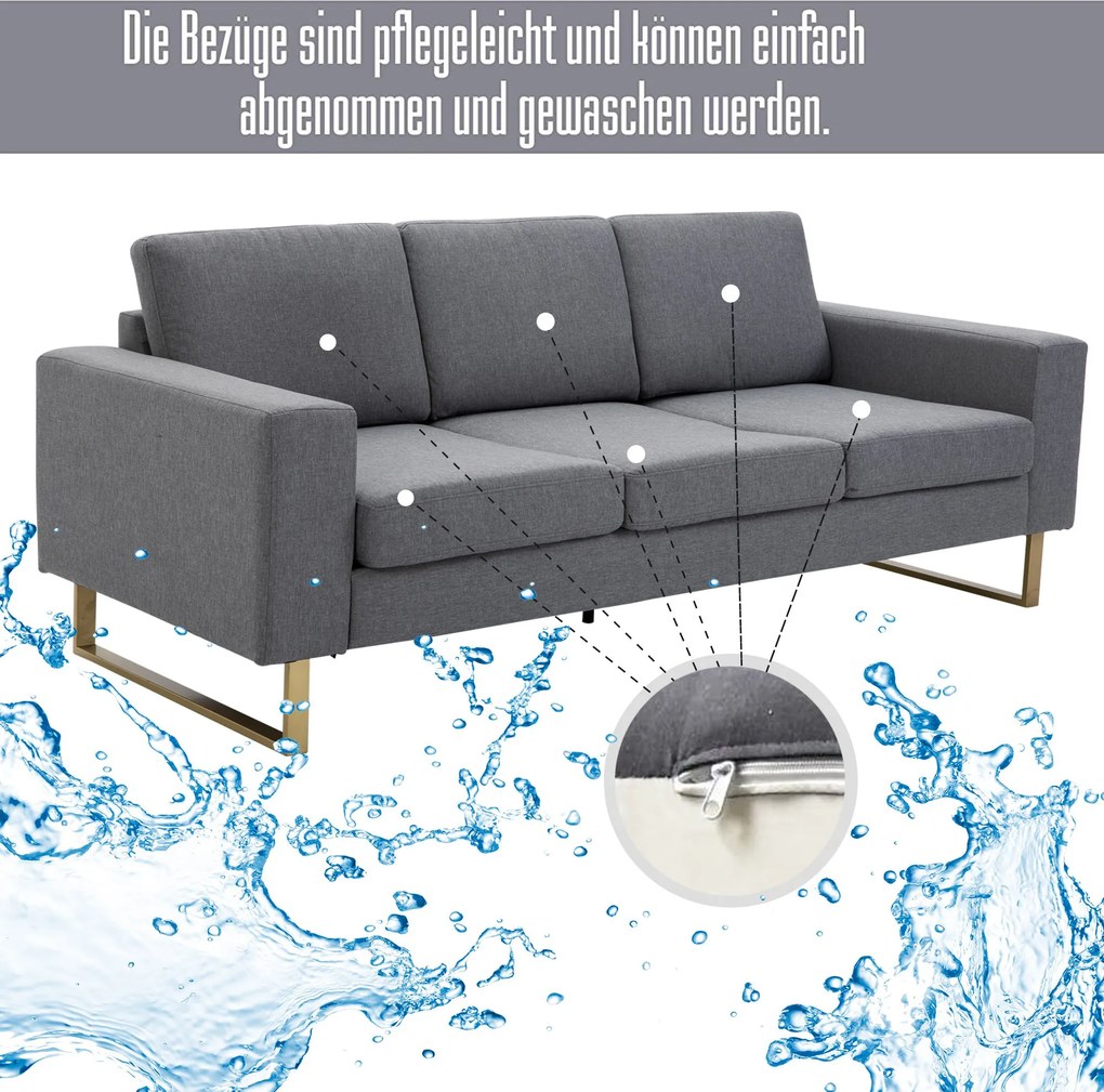 Homcom sofa 3-osobowa tapicerowana meble do siedzenia podłokietniki len ciemnoszary 200 x 82 x 78 cm | Aosom PL