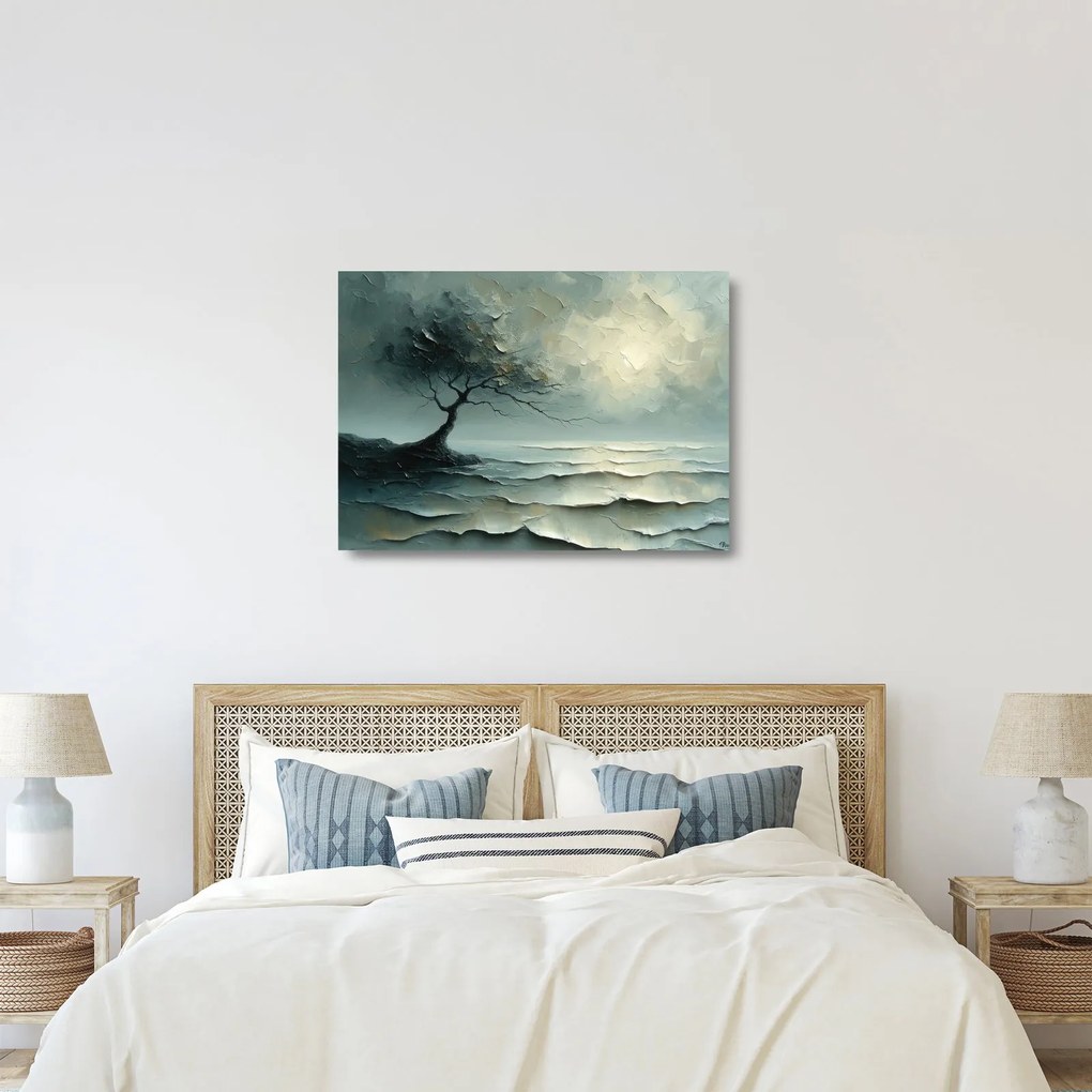 Obraz na szkle - Obraz olejny przedstawiający drzewo z oceanem (70x50 cm)