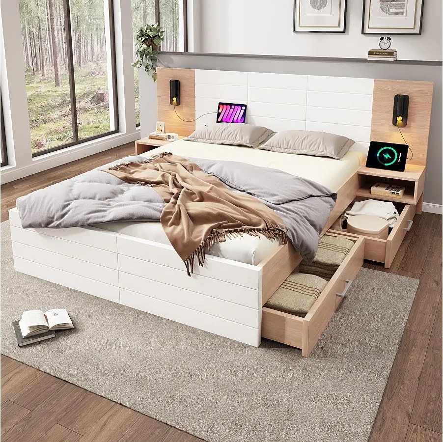 Łóżko małżeńskie drewniane 180 x 200 cm z 2 szufladami, lampką do czytania i gniazdami USB - Drewno lite + MDF - Dąb/biały