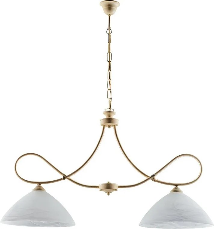 Dallas żyrandol 2 światła, kość słoniowa lakierowane żelazo, stare złoto, klosze alabastrowe Ø13 cm