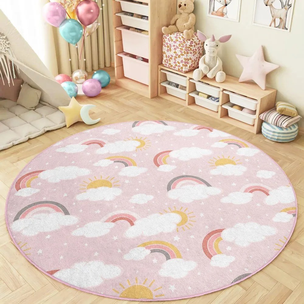 Różowy dywan dziecięcy odpowiedni do prania ø100 cm Rainbow World – Mila Home