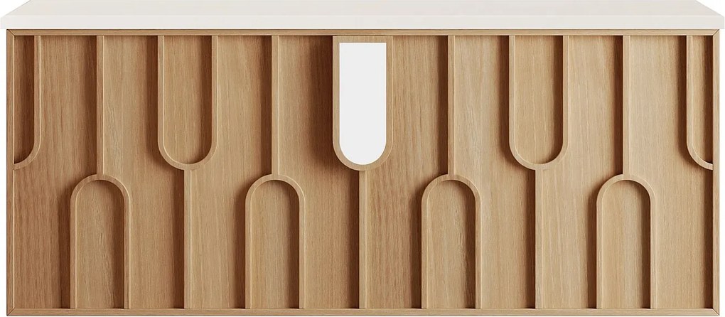 Wiszaca teksturowana szafka podumywalkowa z blatem z matowego spiekanego kamienia - Jasny naturalny - szer. 120 cm - MERKAN