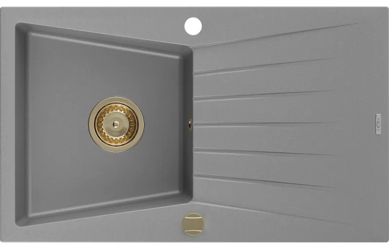 Mexen Cesar zlewozmywak granitowy 1-komorowy z ociekaczem 775 x 470 mm, szary, syfon złoty - 6514771010-71-G