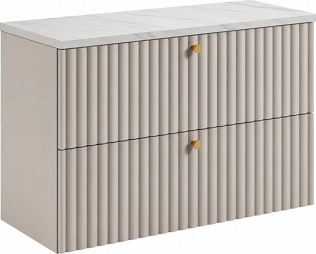 Szafka łazienkowa wisząca z blatem 80, kaszmir + blat z efektem marmuru Bianco, uchwyty w trzech kolorach, 80 x 44,4 x 58,6 cm