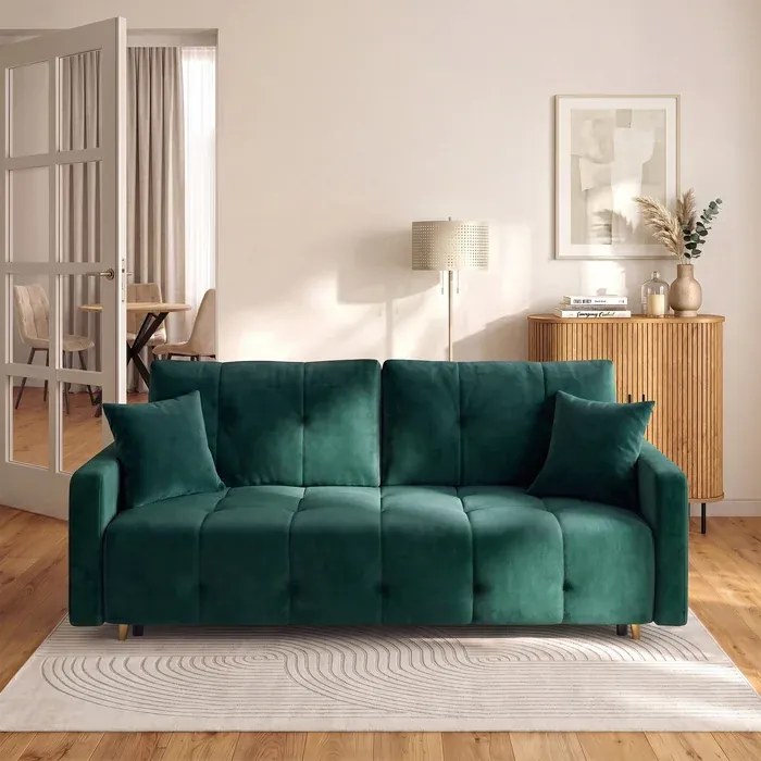 Sofa z Funkcją Spania SEUL Rozkładana Dwuosobowa Welurowa Zielona do Salonu